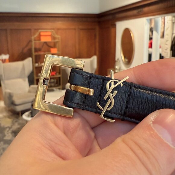 Saint Laurent Black Leather YSL Monogram Cassandre Thin Belt - Picture 12 of 13